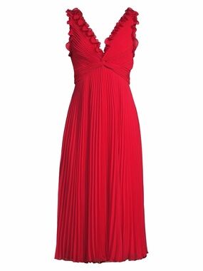 NWT UNGARO Alessandra Pleated V-Neck Midi-Dress Red